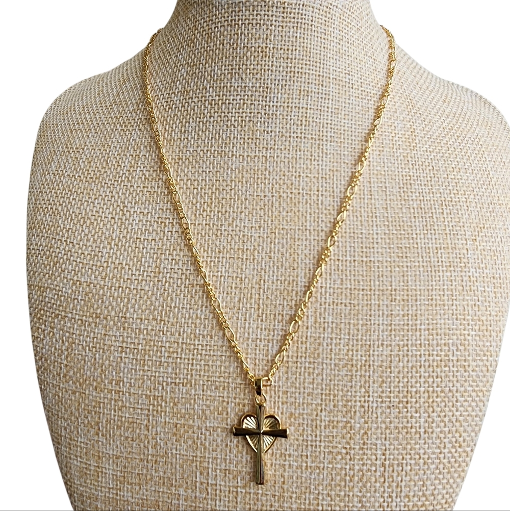 18K Gold Plated Cross in Heart Pendant Necklace Dainty Religious Christian